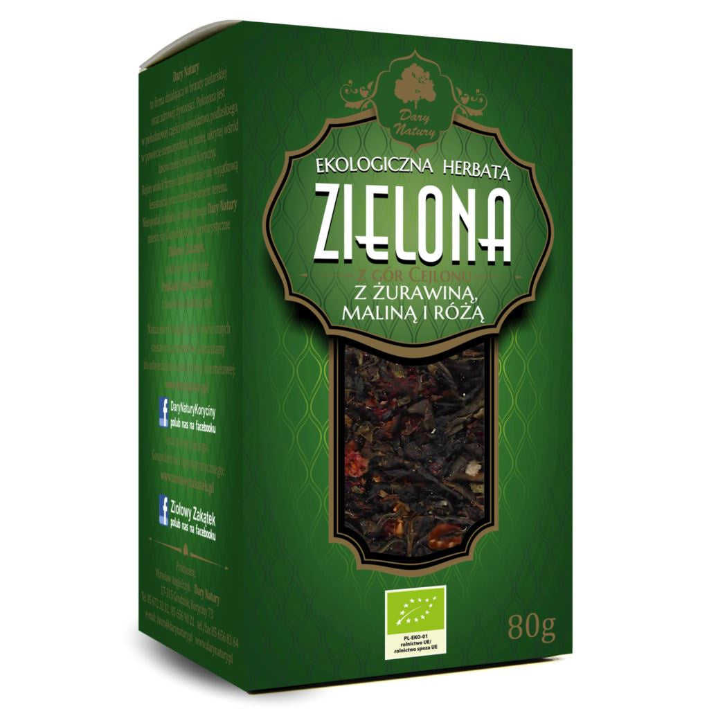 Herbata Zielona Liściasta z Żurawiną, Maliną i Różą BIO (2 szt x 80 g)