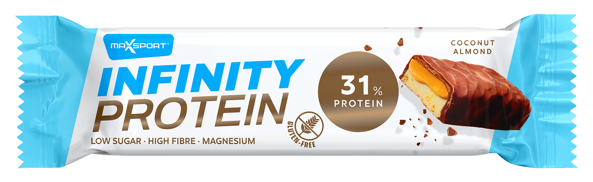 Baton Proteinowy z Karmelem, Kokosem i Migdałami w Czekoladzie Mlecznej Bezglutenowy (6 szt x 55 g)